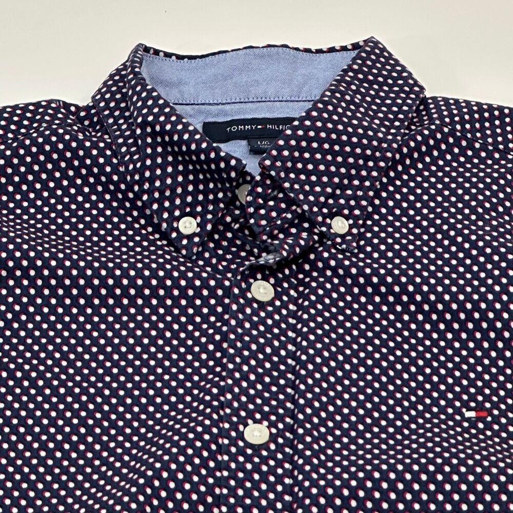 Tommy Hilfiger Men's Short Sleeve Button-Down Navy Dot Shirt, Size L